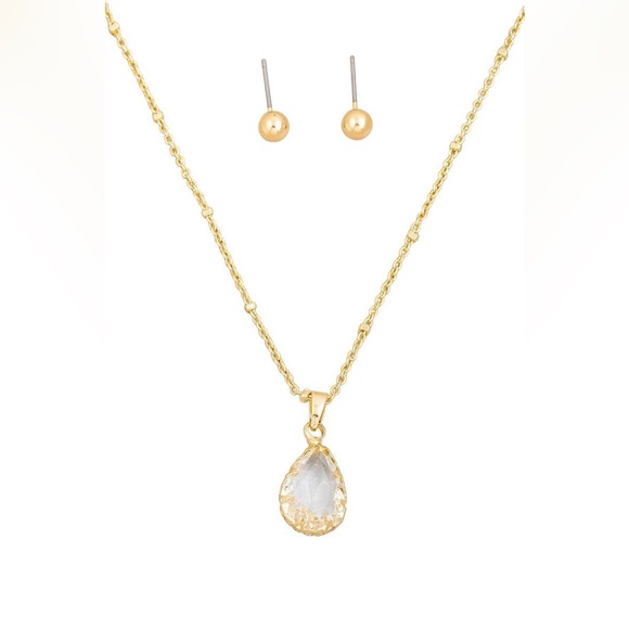 Jewelry - Gold Crystal Teardrop Necklace & Small Ball Earring Set